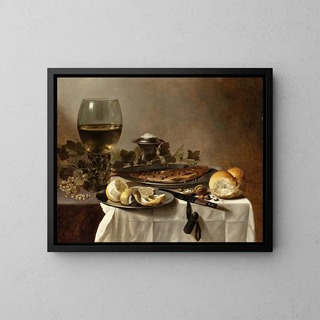 Nature morte con aringa, vino e pane - Pieter Claesz — quadro incorniciato alla parete