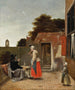 Un homme fumant et une femme buvant dans une cour - Pieter de Hooch — vista dell’opera