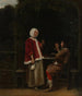Una donna e due uomini sotto un pergolato - Pieter de Hooch — vista dell’opera