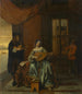 Una scena d'interno con una donna che suona il liuto e un uomo che suona il violino - Pieter de Hooch — vista dell’opera
