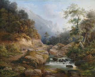 Pieter Francis Peters - Gebirgige Flusslandschaft mit Figurenstaffage.webp