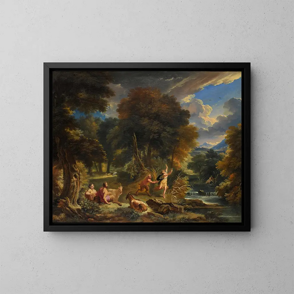 Pan e Syrinx in un paesaggio fluviale - Pieter Mulier l'Ancien — quadro incorniciato alla parete
