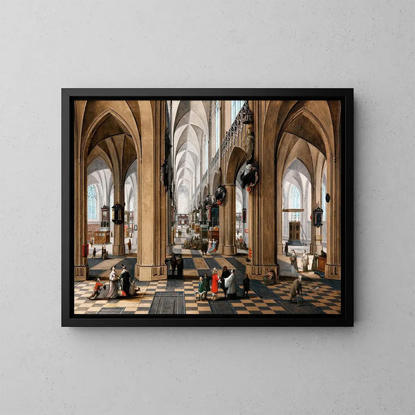 Interno di chiesa con figure eleganti che passeggiano e figure che assistono alla messa - Pieter Neeffs il Vecchio — quadro incorniciato alla parete