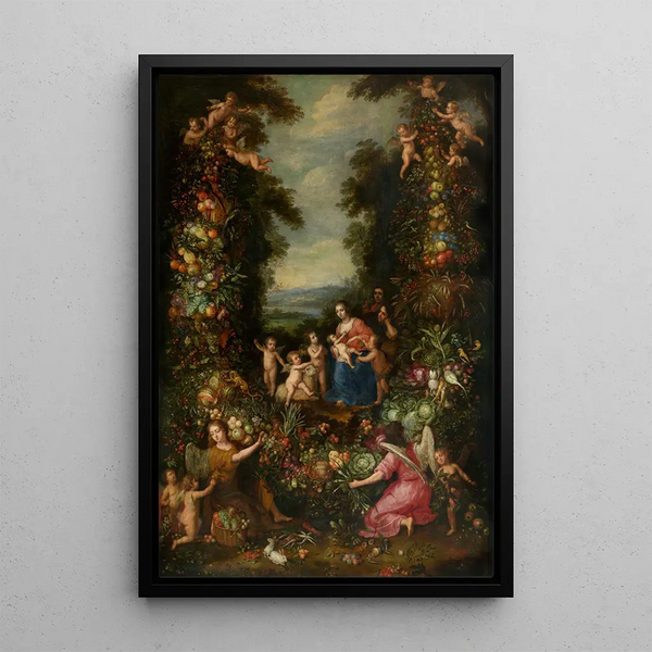 La Sainte Famille avec le petit Saint Jean-Baptiste entourée d'une guirlanda di fiori, verdure e frutta - Pieter van Avont — quadro incorniciato alla parete