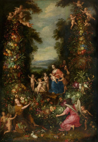 Pieter Van Avont - The Holy Family with the Infant Saint John the Baptist surrounded by a Garland of Flowers Vegetables and Fruit.webp