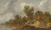 Paesaggio fluviale con un bac e pescatori, una carrozza su un ponte vicino a case a destra - Pieter de Molijn — vista dell’opera