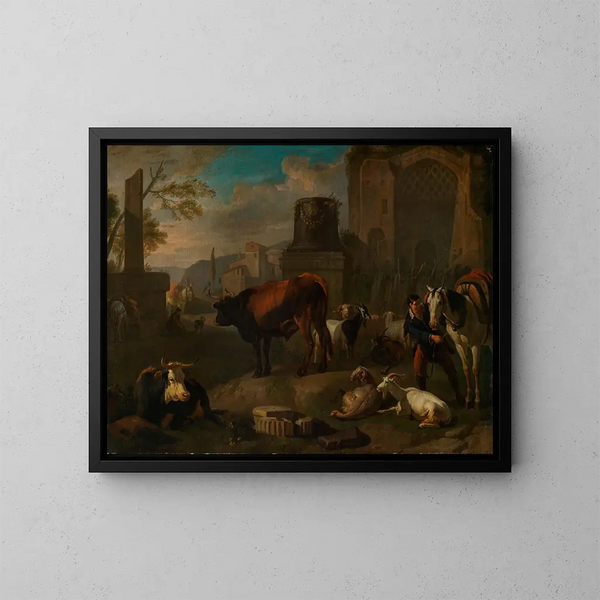 Cavalli, bovini, pecore e capre tra le rovine romane - Pieter van Bloemen — quadro incorniciato alla parete