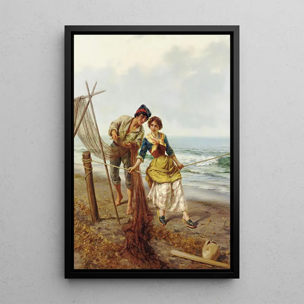 Le filet du pêcheur - Pietro Gabrini — quadro incorniciato alla parete