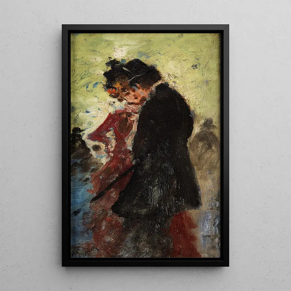 Uomo in alta forma con donna in abito rosso - Pietro Scoppetta — quadro incorniciato alla parete