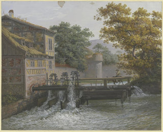 Polyxene Basse - Eine Mhle mit drei Gngen auf der Brcke ein Mann auf einem Esel.webp