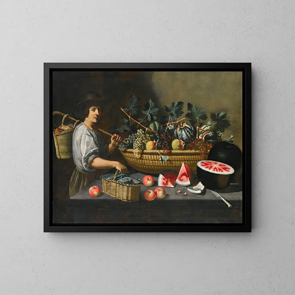 Natura morta con uva, meloni e melograni su un davanzale di pietra con una figura che porta un paniere a sinistra - Pseudo Pietro Paolo Bonzi — quadro incorniciato alla parete