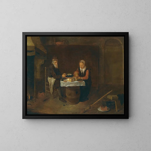 Un interno modesto con una coppia anziana seduta a un tavolo che mangia cozze e pane - Quirijn van Brekelenkam — quadro incorniciato alla parete