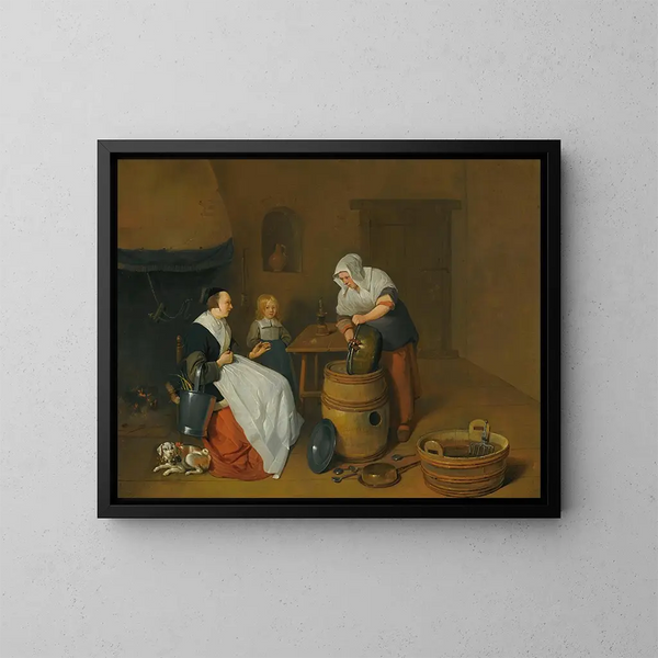 Una donna che parla con la sua cameriera in una cucina con un bambino, un cane e un fuoco - Quirijn van Brekelenkam — quadro incorniciato alla parete