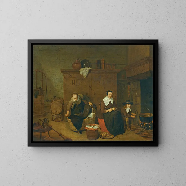 Un intérieur con una donna che sbuccia le rape - Quirijn van Brekelenkam — quadro incorniciato alla parete