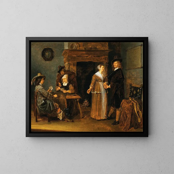 Società mista che gioca a carte - Quirijn van Brekelenkam — quadro incorniciato alla parete