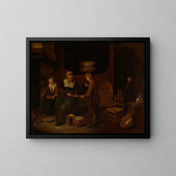 Vecchia donna che cuoce delle crêpes con due bambini - Quirijn van Brekelenkam — quadro incorniciato alla parete