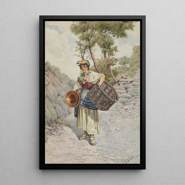 Giovane contadina su un sentiero ghiaioso - R. Gigli — quadro incorniciato alla parete