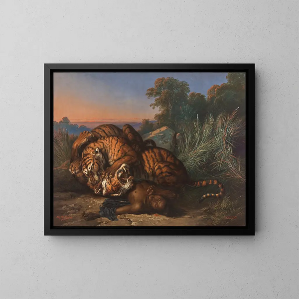 Tigri in lotta - Raden Saleh — quadro incorniciato alla parete