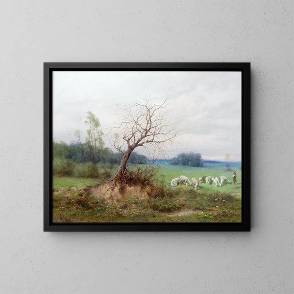 gregge di pecore con un pastore in un paesaggio aperto - Raimund Ritter von Wichera — quadro incorniciato alla parete