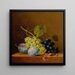 Uva, prugne, lamponi, fiori e una ghianda su una mensola in legno - Arnoldus Bloemers — quadro incorniciato alla parete