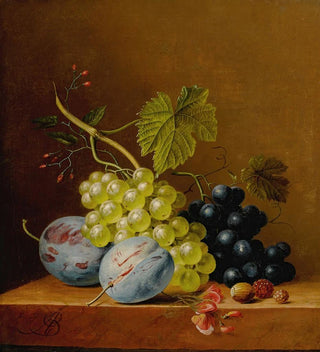 Raisins, prunes, framboises, fleurs et un gland sur une étagère en bois - Arnoldus Bloemers