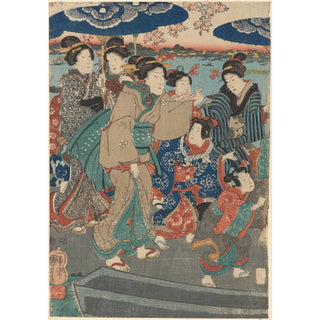 Reproduction Sept figures féminines, deux parapluies - Utagawa Kuniyoshi