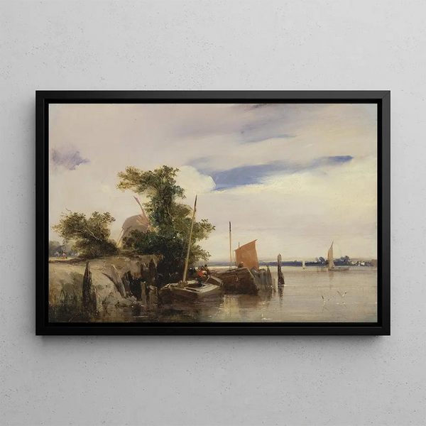 Péniches sur une rivière - Richard Parkes Bonington — quadro incorniciato alla parete