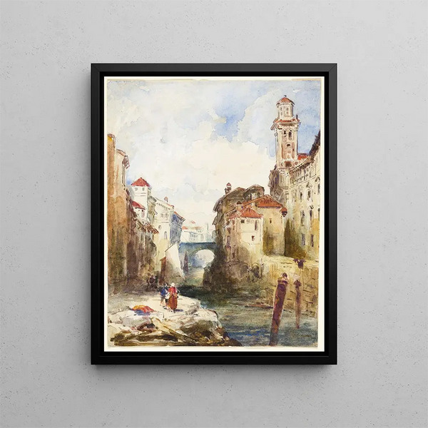 Edifici della città francese e fiume - Richard Parkes Bonington — quadro incorniciato alla parete