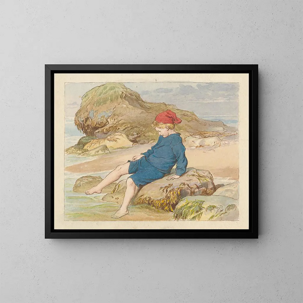 Ragazzo che gioca vicino al mare - Robert Barnes — quadro incorniciato alla parete