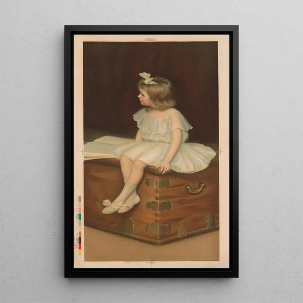Giovane ragazza in abito bianco e blu seduta su una cassa che legge un libro - Robert Chapman Co — quadro incorniciato alla parete