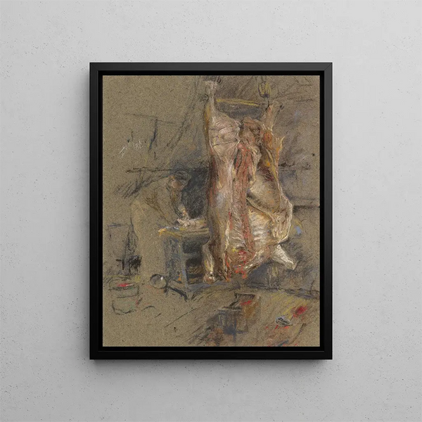 Un bue abbattuto in una macelleria - Robert Frederick Blum — quadro incorniciato alla parete
