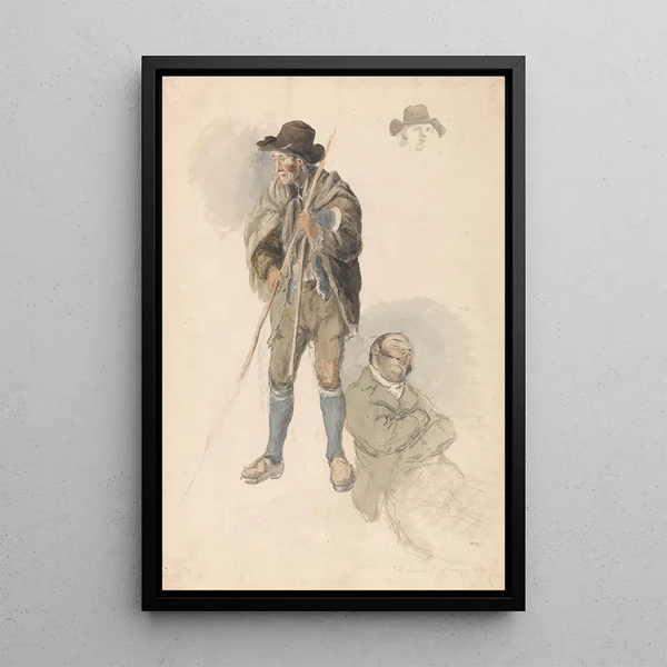 Studi di figure: un contadino, M. Samuel il maestro di disegno sdraiato e assopito, e una leggera bozza di un uomo con un cappello - Robert Hills — quadro incorniciato alla parete