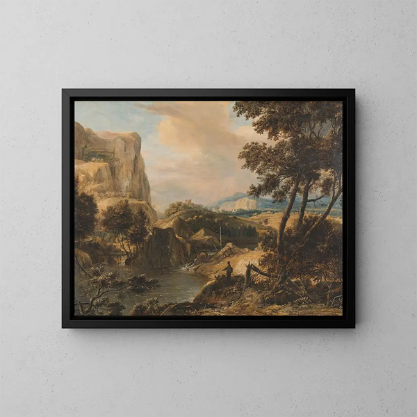 Paesaggio montano con pescatore - Roelant Roghman — quadro incorniciato alla parete