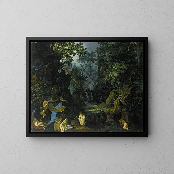 Un paesaggio boscoso con ninfe che si bagnano e Leda e il cigno - Roelant Savery — quadro incorniciato alla parete