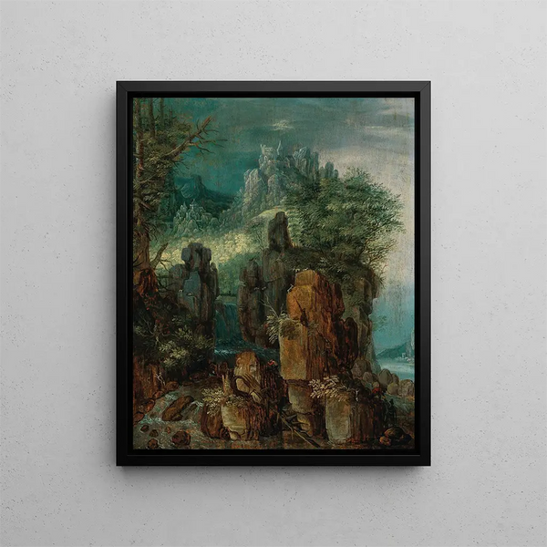 di un paesaggio fluviale montano con personaggi e capre, un villaggio oltre - Roelant Savery — quadro incorniciato alla parete