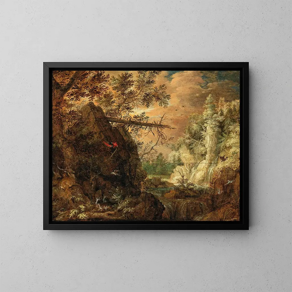 Un paesaggio boscoso roccioso con una cascata - Roelant Savery — quadro incorniciato alla parete