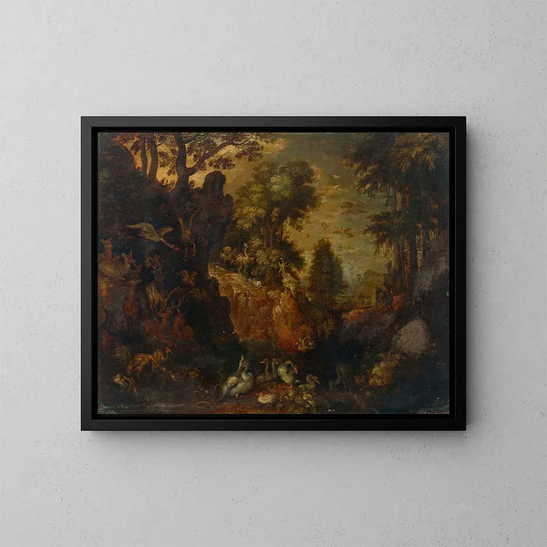 Un paesaggio boscoso roccioso con uccelli, cervi e altri animali - Roelant Savery — quadro incorniciato alla parete