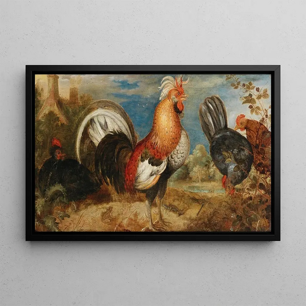 Un gallo e una gallina in un paesaggio - Roelant Savery — quadro incorniciato alla parete