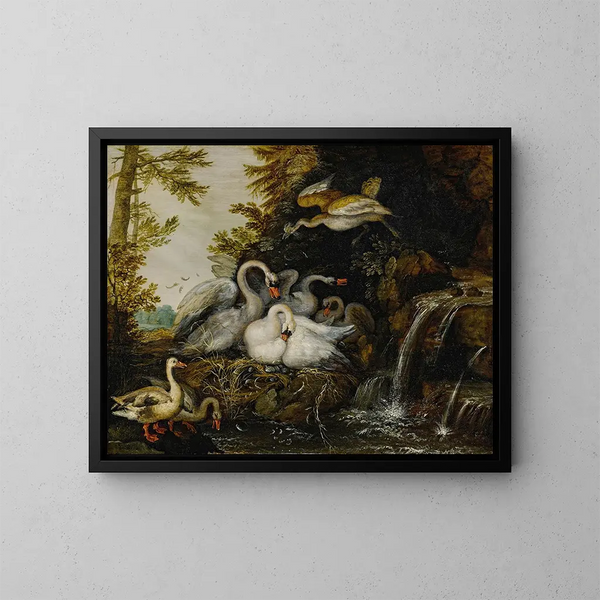 Paesaggio con cigni vicino a una cascata - Roelant Savery — quadro incorniciato alla parete
