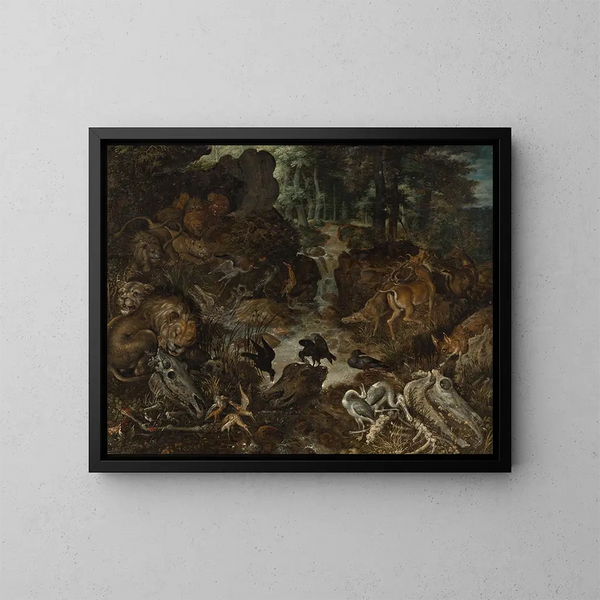Lions e volpi in un paesaggio accidentato - Roelant Savery — quadro incorniciato alla parete