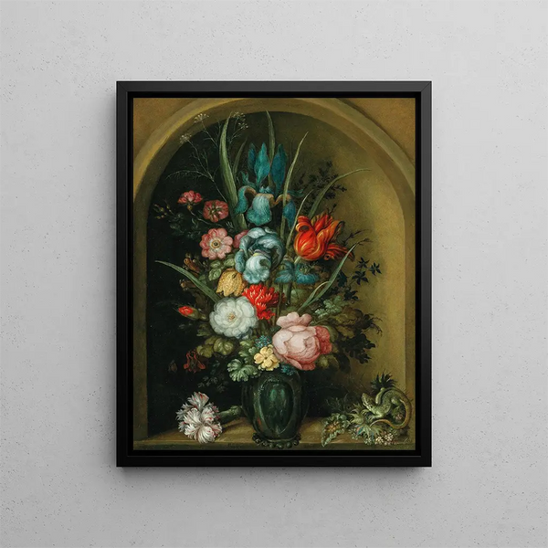 Fiori misti in un vaso di vetro con un lucertola nelle vicinanze - Roelant Savery — quadro incorniciato alla parete