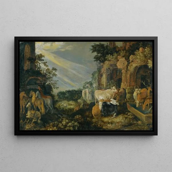Paesaggio paradisiaco con cavalli, mucche, capre e pastori - Roelant Savery — quadro incorniciato alla parete