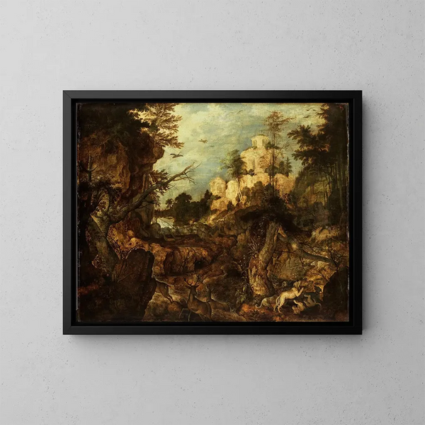 Caccia al cinghiale in un paesaggio roccioso - Roelant Savery — quadro incorniciato alla parete