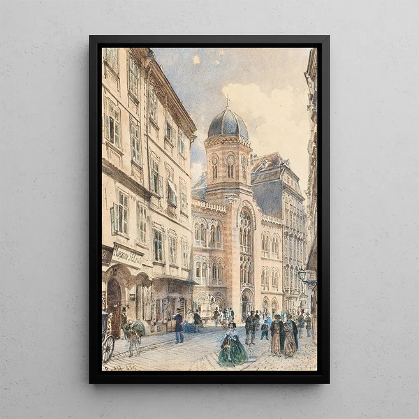Il mercato della carne a Vienna con la chiesa greco-ortodossa della Santissima Trinità - Rudolf von Alt — quadro incorniciato alla parete