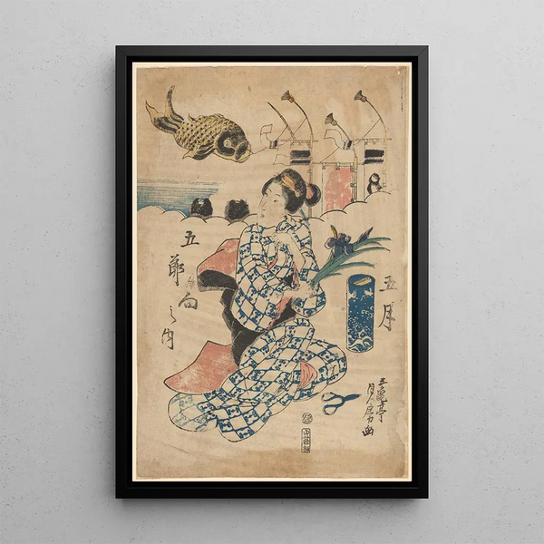 Femme tenant un iris rivage grand poisson en arrière-plan - Sadafusa Utagawa — quadro incorniciato alla parete
