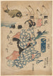 Femme tenant un iris rivage grand poisson en arrière-plan - Sadafusa Utagawa — vista dell’opera