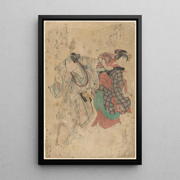 Due attori uomo con bastone donna con pugnale - Sadahide — quadro incorniciato alla parete