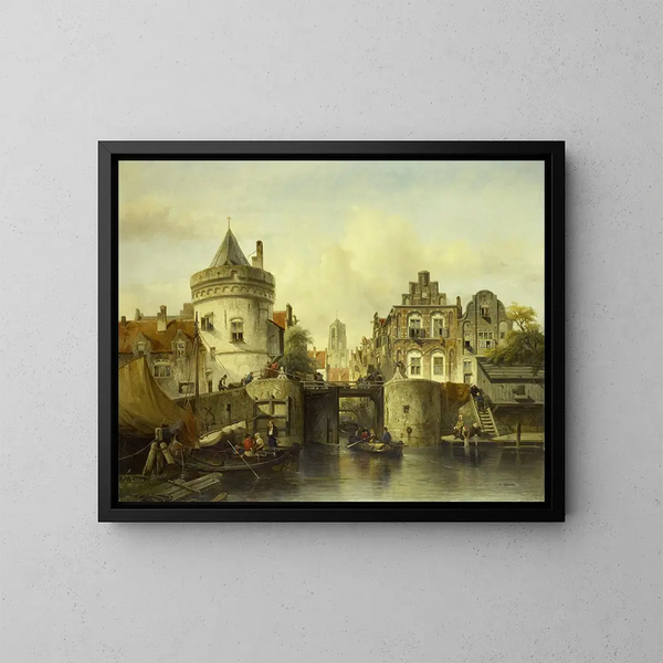 Vista immaginaria basata sul Kolksluis di Amsterdam - Salomon Leonardus Verveer — quadro incorniciato alla parete
