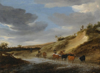 Un ampio paesaggio con bestiame e i loro pastori lungo una strada di campagna parzialmente allagata - Salomon van Ruysdael — vista dell’opera