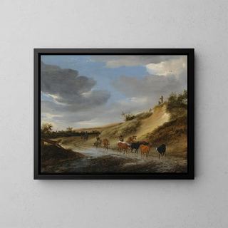 Un ampio paesaggio con bestiame e i loro pastori lungo una strada di campagna parzialmente allagata - Salomon van Ruysdael — quadro incorniciato alla parete